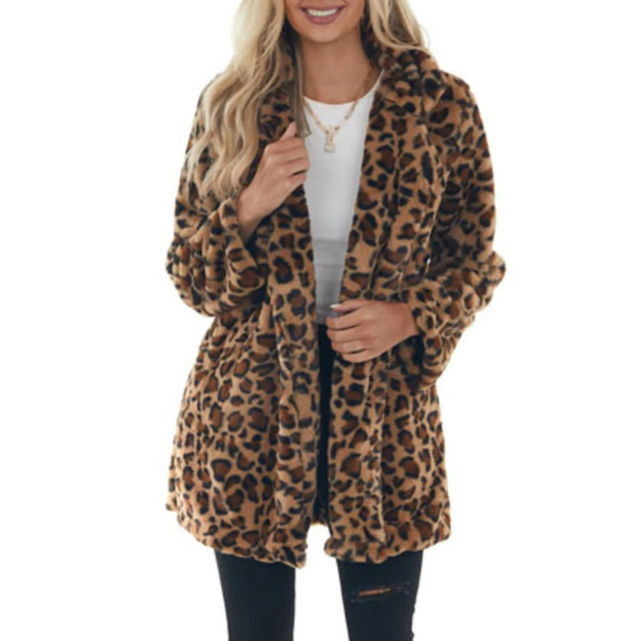 Full Size Leopard Open Front Outerwear Plus Brown / S Apparel and Accessories