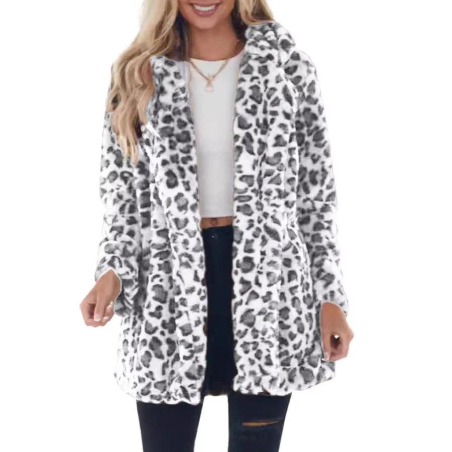 Full Size Leopard Open Front Outerwear Plus Print White / S Apparel and Accessories