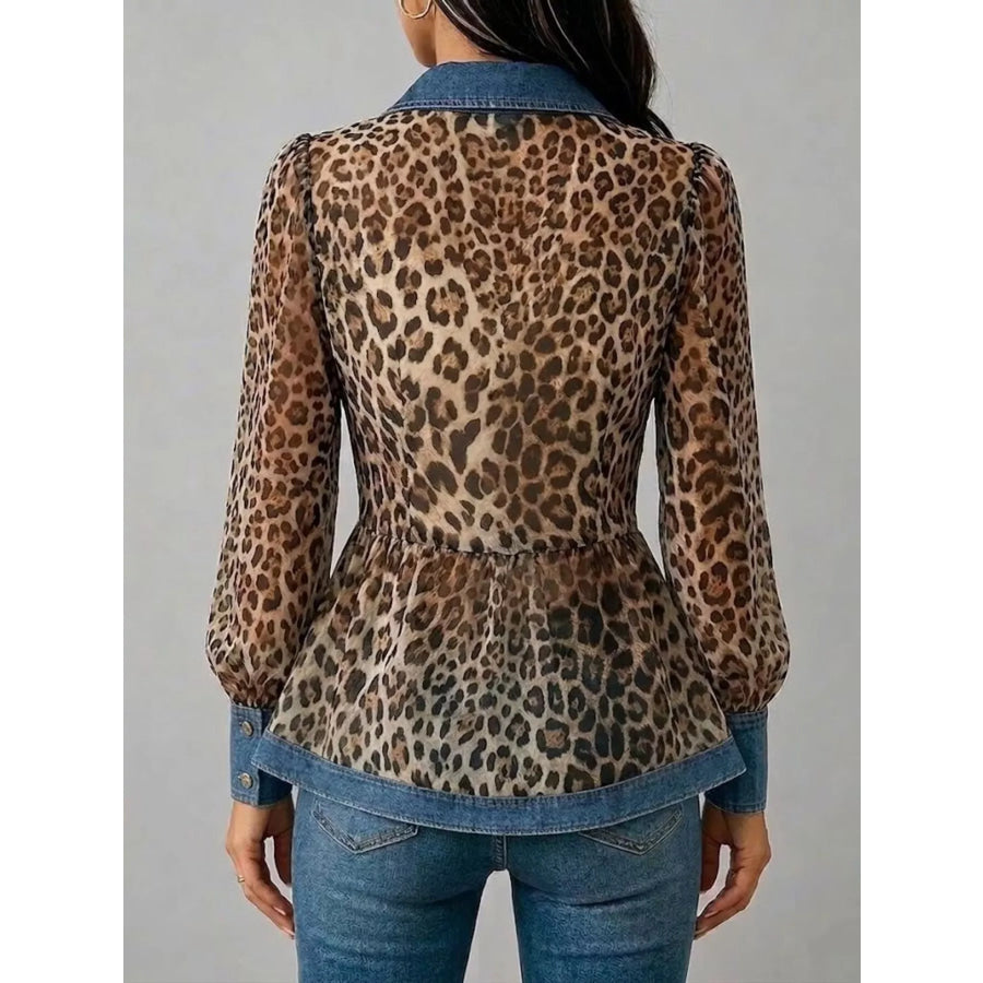 Full Size Leopard Print Blouse with Denim Contrast Trim Plus / S Apparel and Accessories