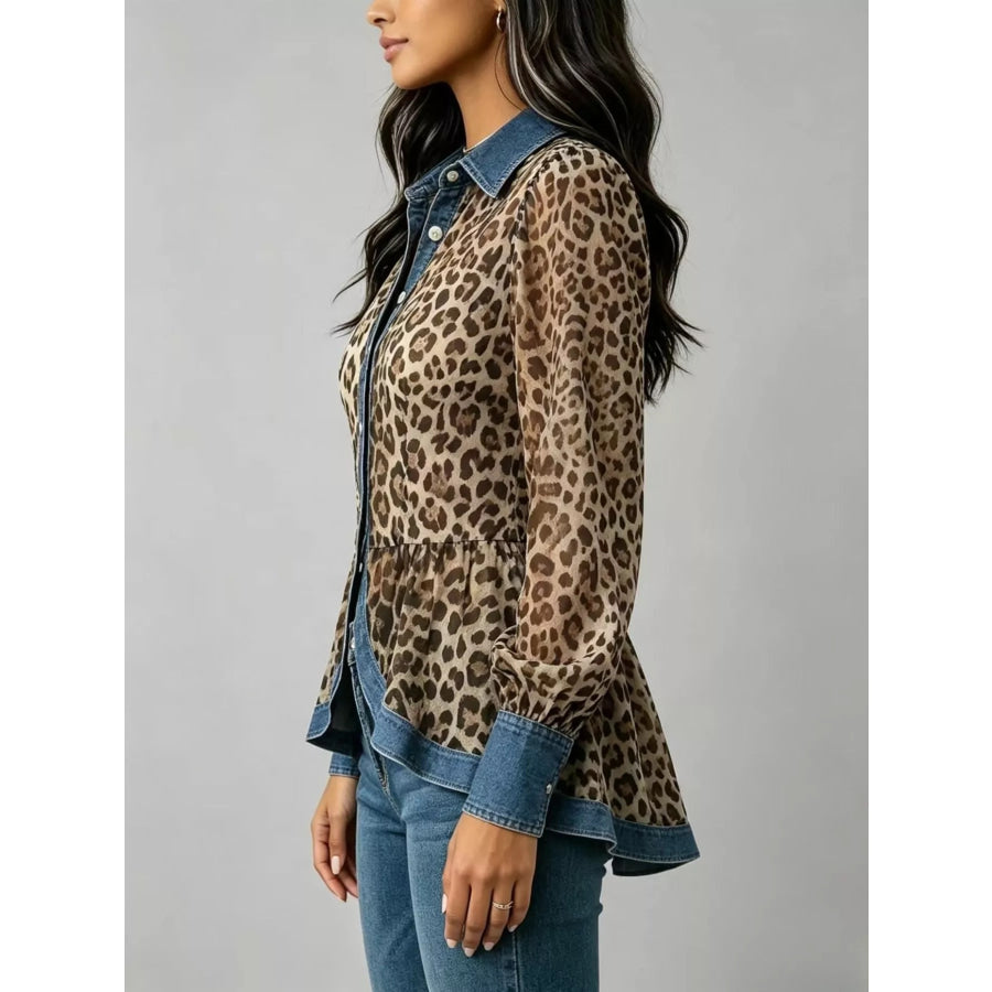 Full Size Leopard Print Blouse with Denim Contrast Trim Plus Apparel and Accessories