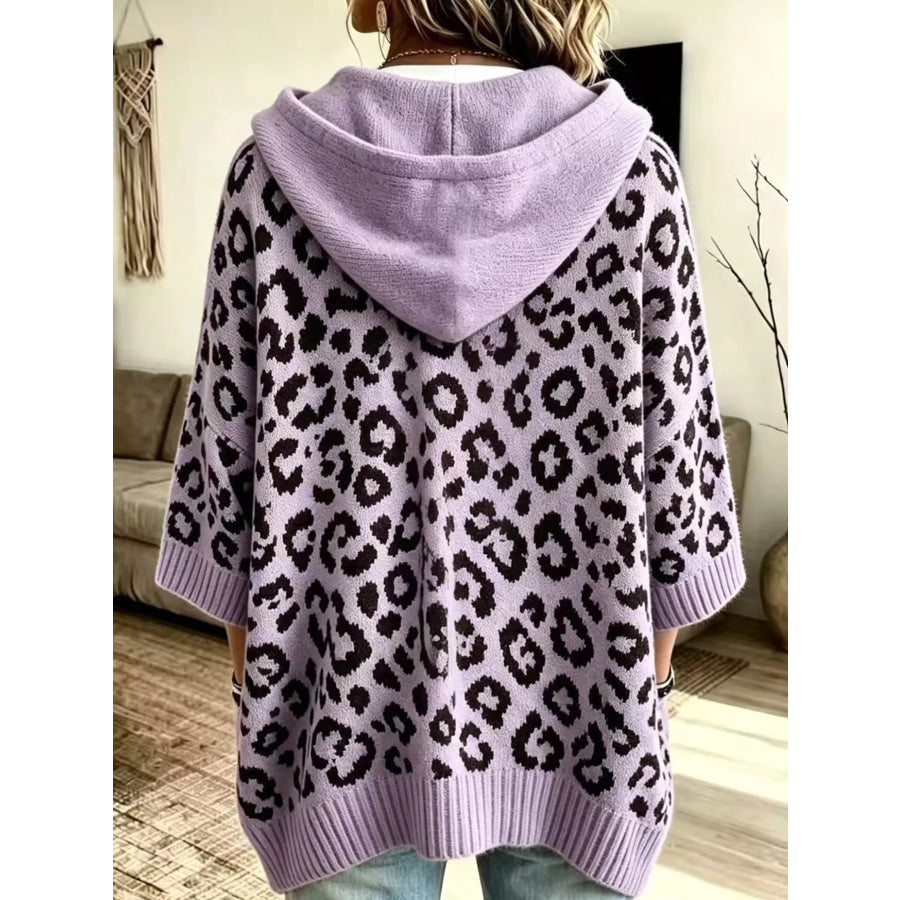 Full Size Leopard Print Hooded Knit Sweater Plus Apparel and Accessories