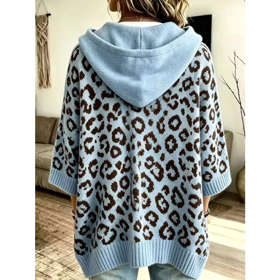 Full Size Leopard Print Hooded Knit Sweater Plus Apparel and Accessories