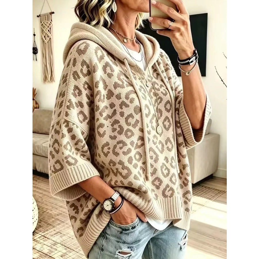 Full Size Leopard Print Hooded Knit Sweater Plus Apparel and Accessories