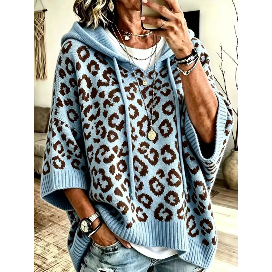 Full Size Leopard Print Hooded Knit Sweater Plus Apparel and Accessories