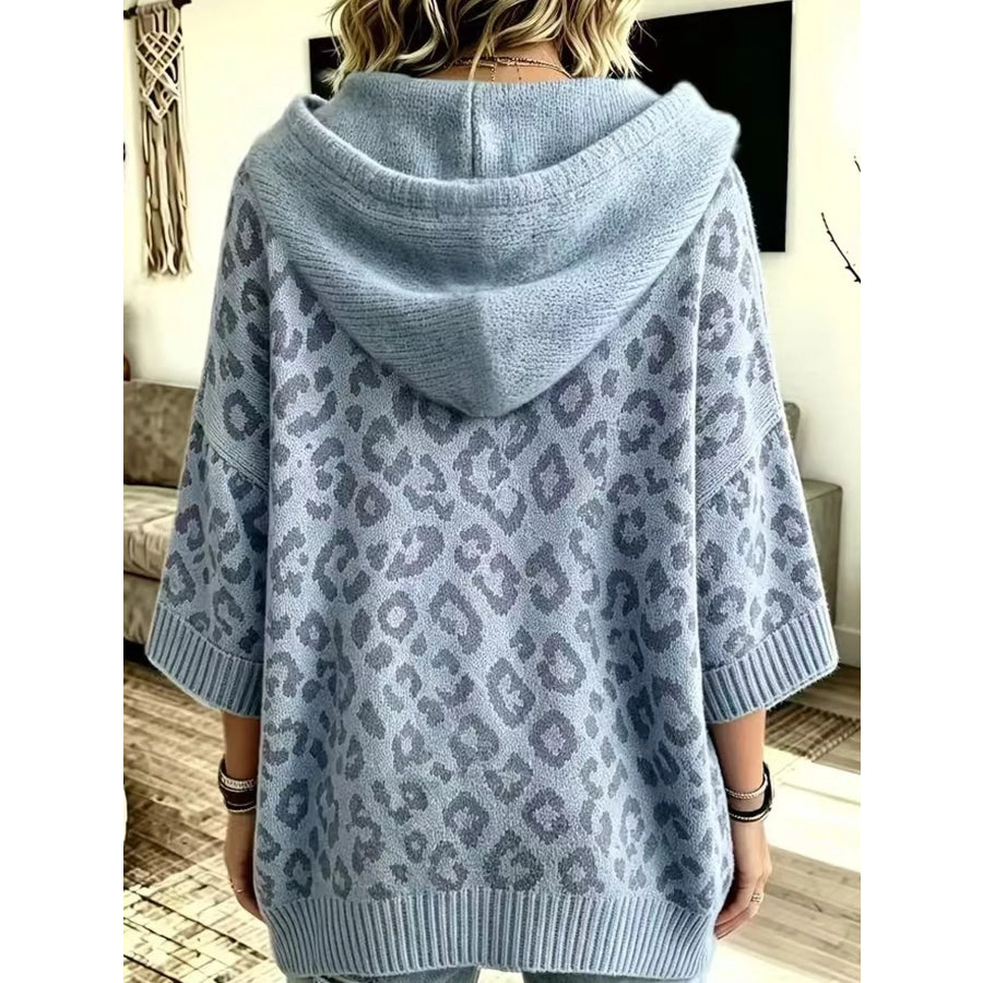 Full Size Leopard Print Hooded Knit Sweater Plus Apparel and Accessories