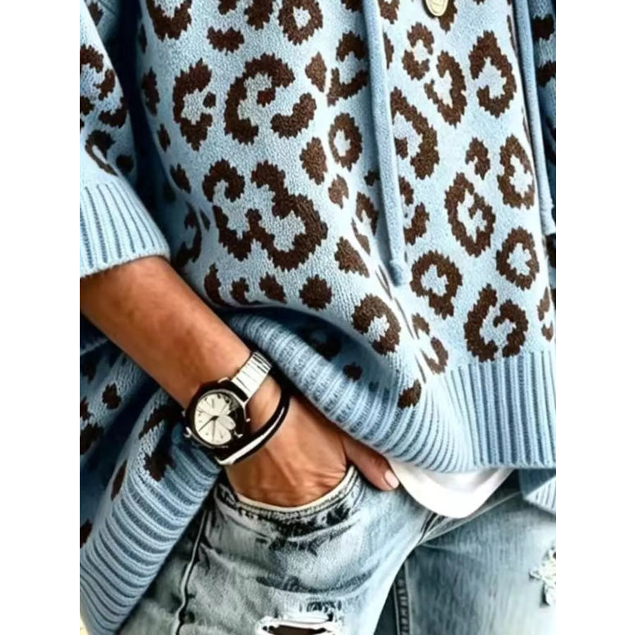 Full Size Leopard Print Hooded Knit Sweater Plus Apparel and Accessories