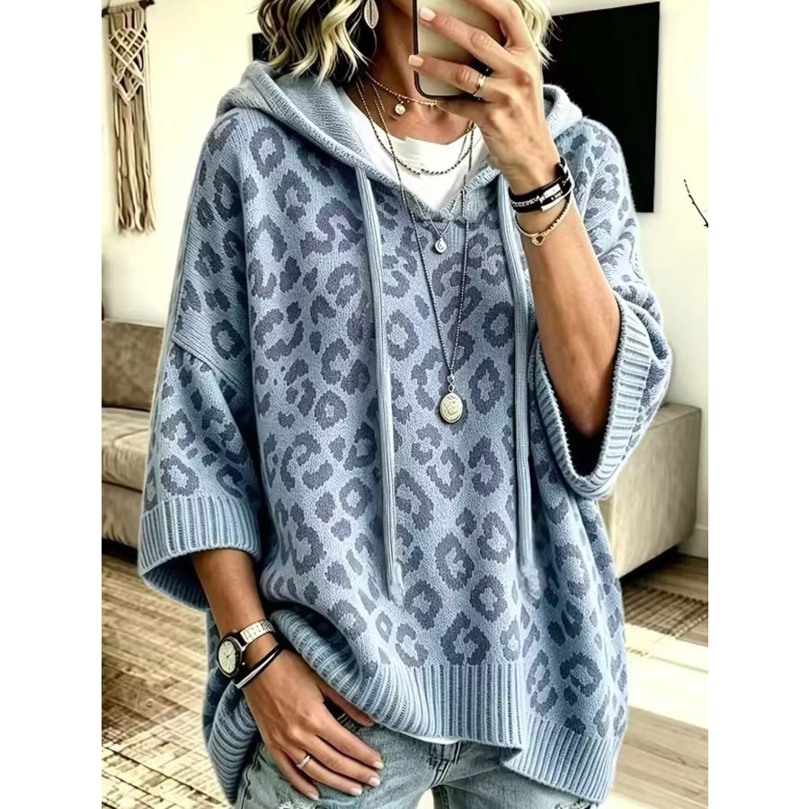 Full Size Leopard Print Hooded Knit Sweater Plus Apparel and Accessories