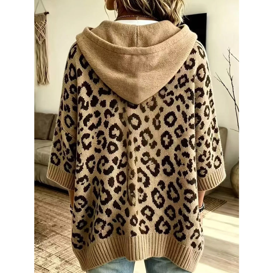 Full Size Leopard Print Hooded Knit Sweater Plus Apparel and Accessories