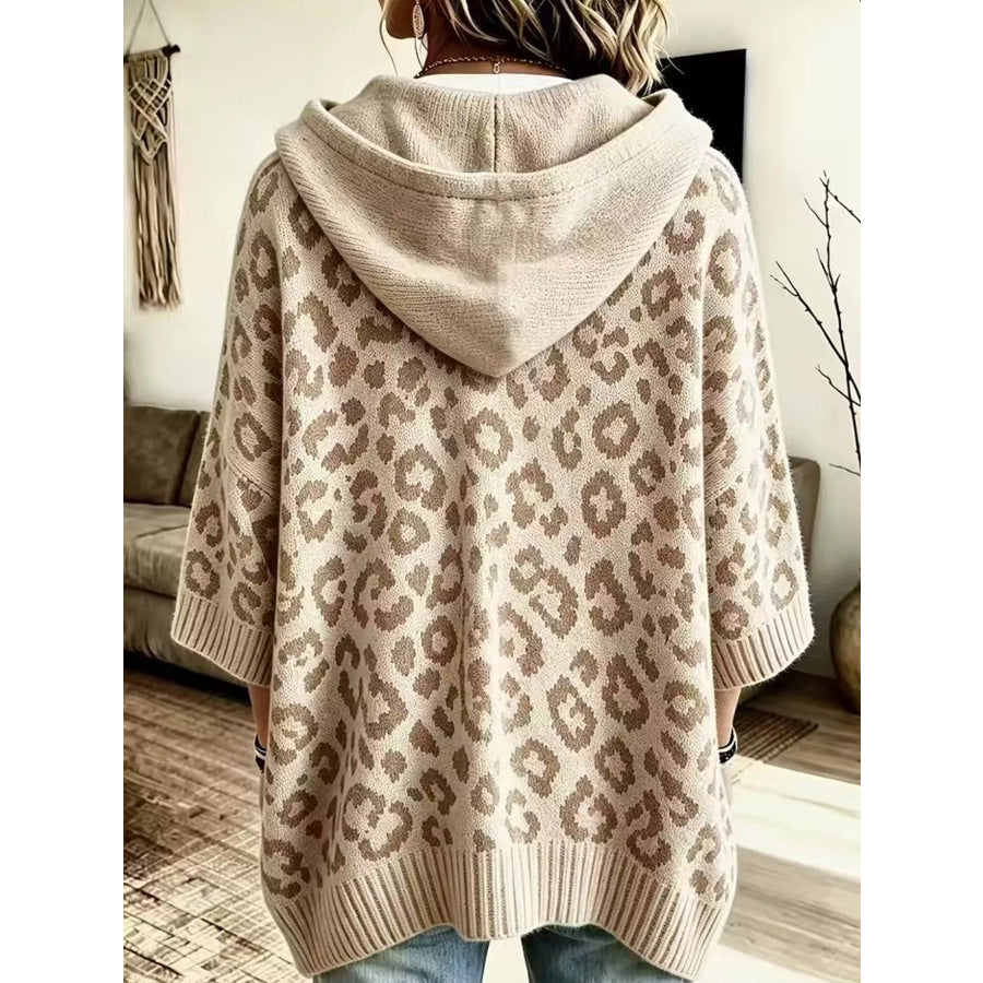 Full Size Leopard Print Hooded Knit Sweater Plus Apparel and Accessories
