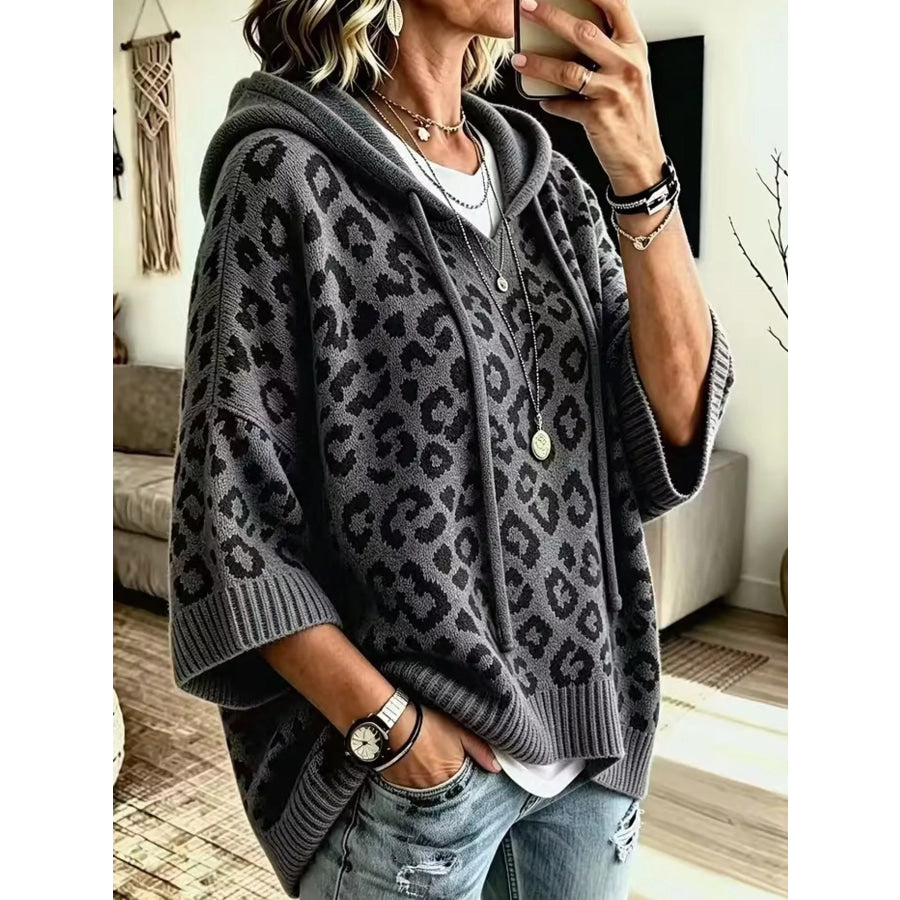 Full Size Leopard Print Hooded Knit Sweater Plus Apparel and Accessories