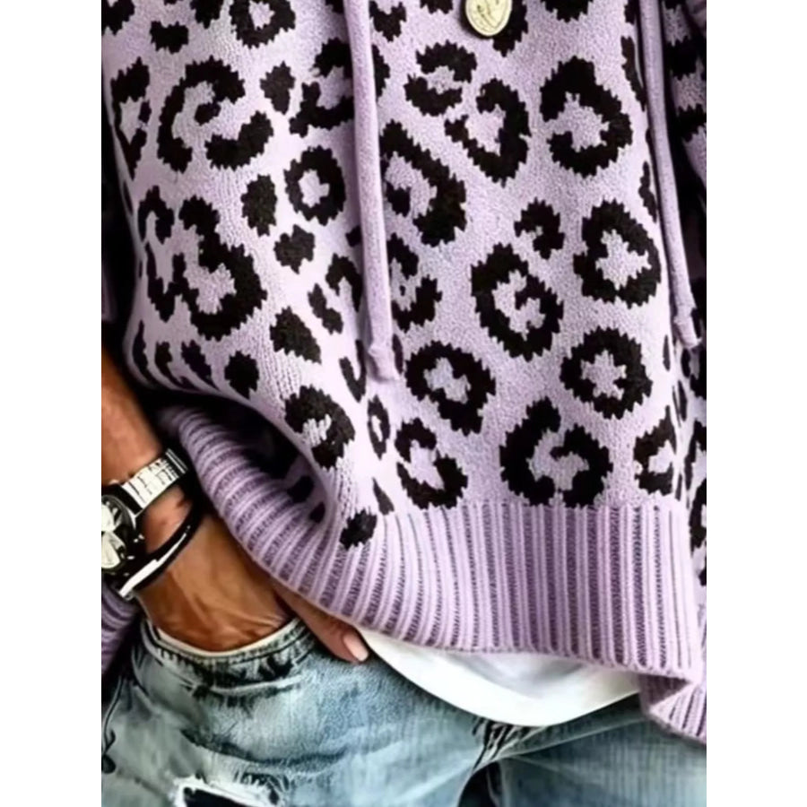 Full Size Leopard Print Hooded Knit Sweater Plus Apparel and Accessories
