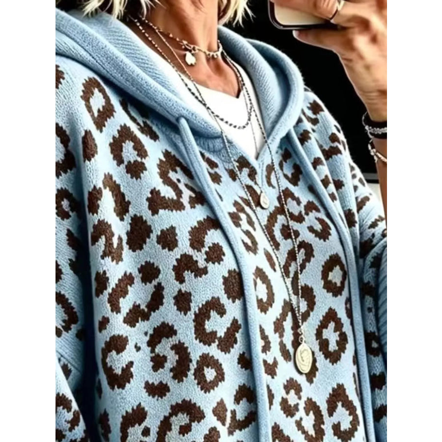 Full Size Leopard Print Hooded Knit Sweater Plus Apparel and Accessories