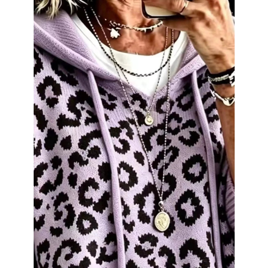 Full Size Leopard Print Hooded Knit Sweater Plus Apparel and Accessories
