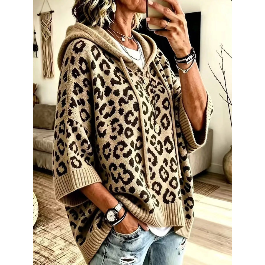 Full Size Leopard Print Hooded Knit Sweater Plus Apparel and Accessories