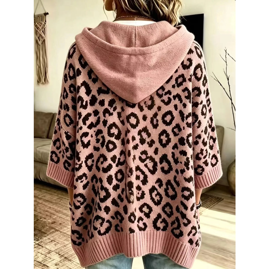 Full Size Leopard Print Hooded Knit Sweater Plus Apparel and Accessories