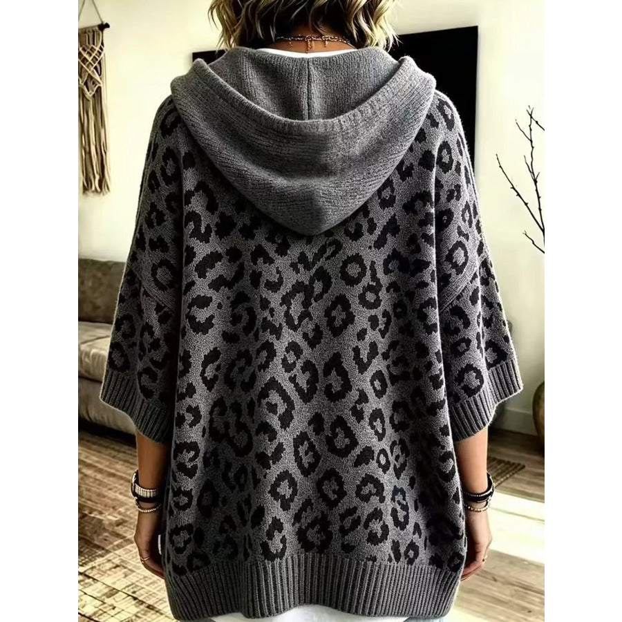 Full Size Leopard Print Hooded Knit Sweater Plus Apparel and Accessories