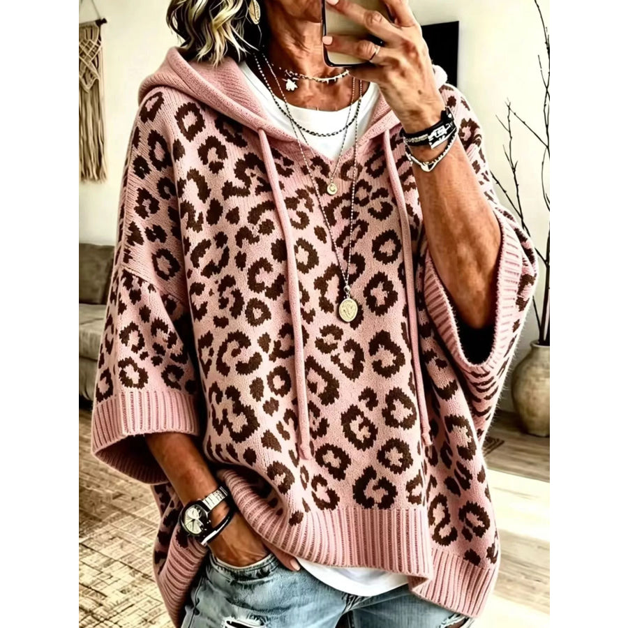 Full Size Leopard Print Hooded Knit Sweater Plus Pink / S Apparel and Accessories