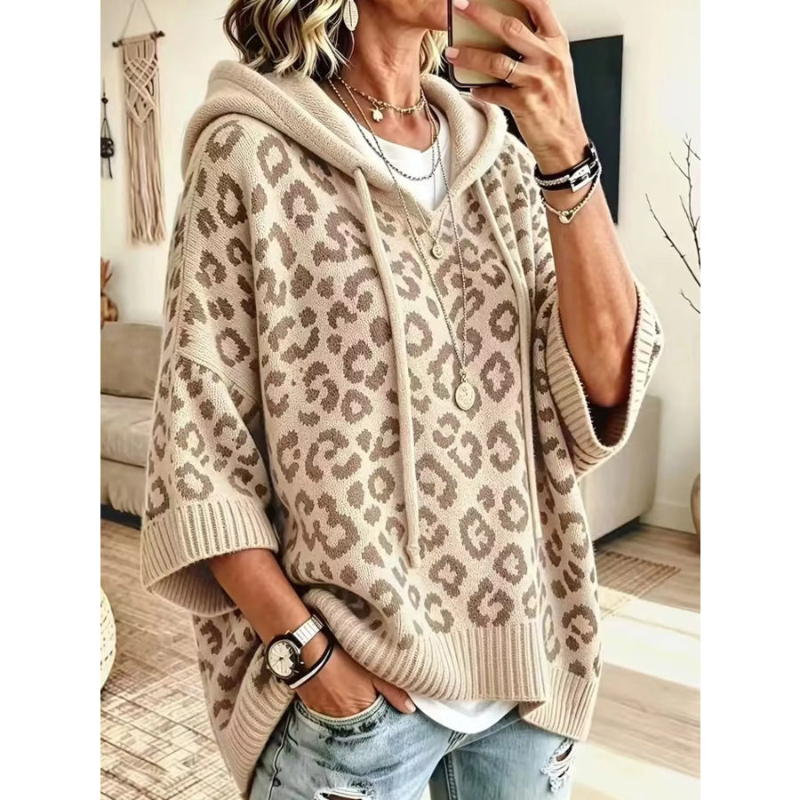 Full Size Leopard Print Hooded Knit Sweater Plus Apricot / S Apparel and Accessories