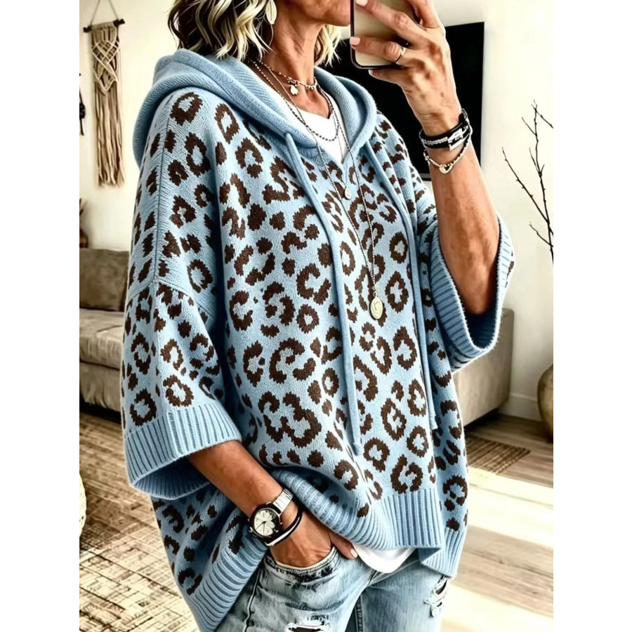 Full Size Leopard Print Hooded Knit Sweater Plus Blue / S Apparel and Accessories