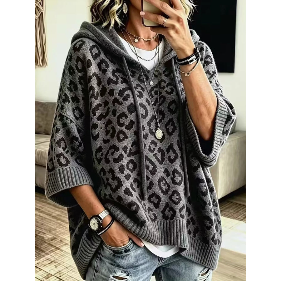 Full Size Leopard Print Hooded Knit Sweater Plus Dark Gray / S Apparel and Accessories