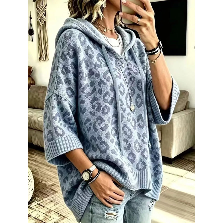 Full Size Leopard Print Hooded Knit Sweater Plus Gray Blue / S Apparel and Accessories