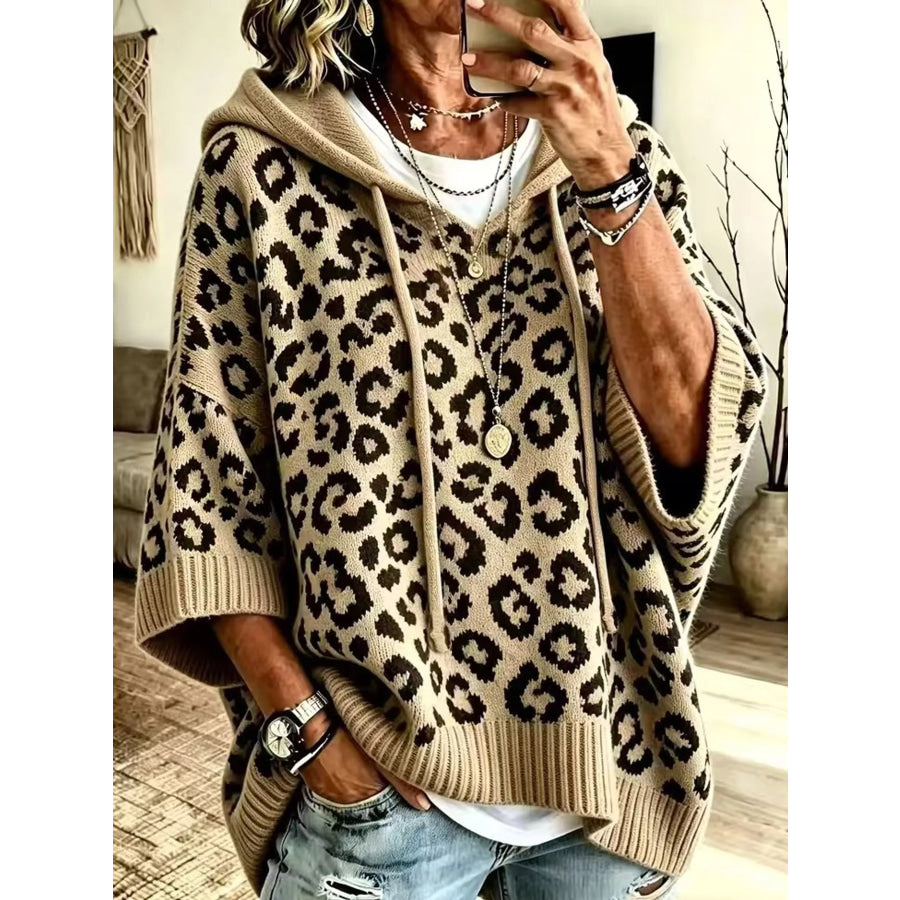 Full Size Leopard Print Hooded Knit Sweater Plus Khaki / S Apparel and Accessories