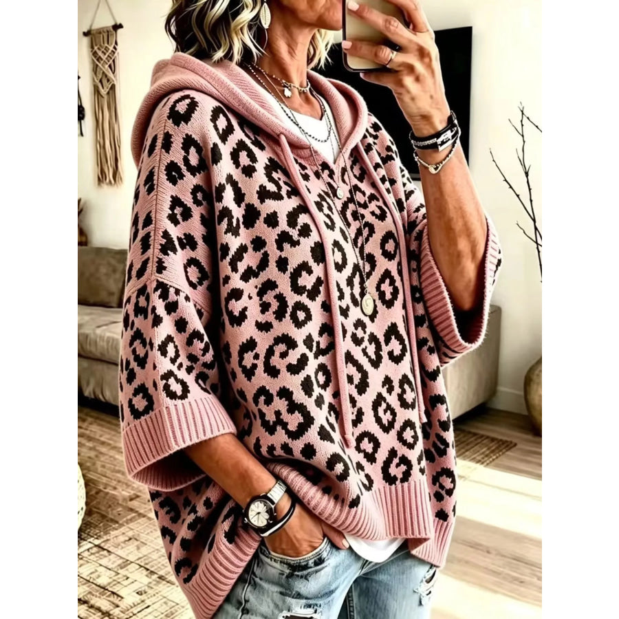 Full Size Leopard Print Hooded Knit Sweater Plus Pink / S Apparel and Accessories