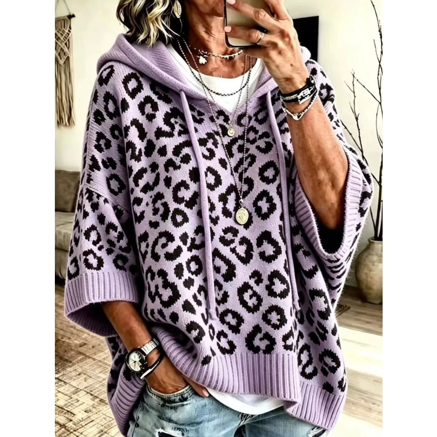 Full Size Leopard Print Hooded Knit Sweater Plus Purple / S Apparel and Accessories