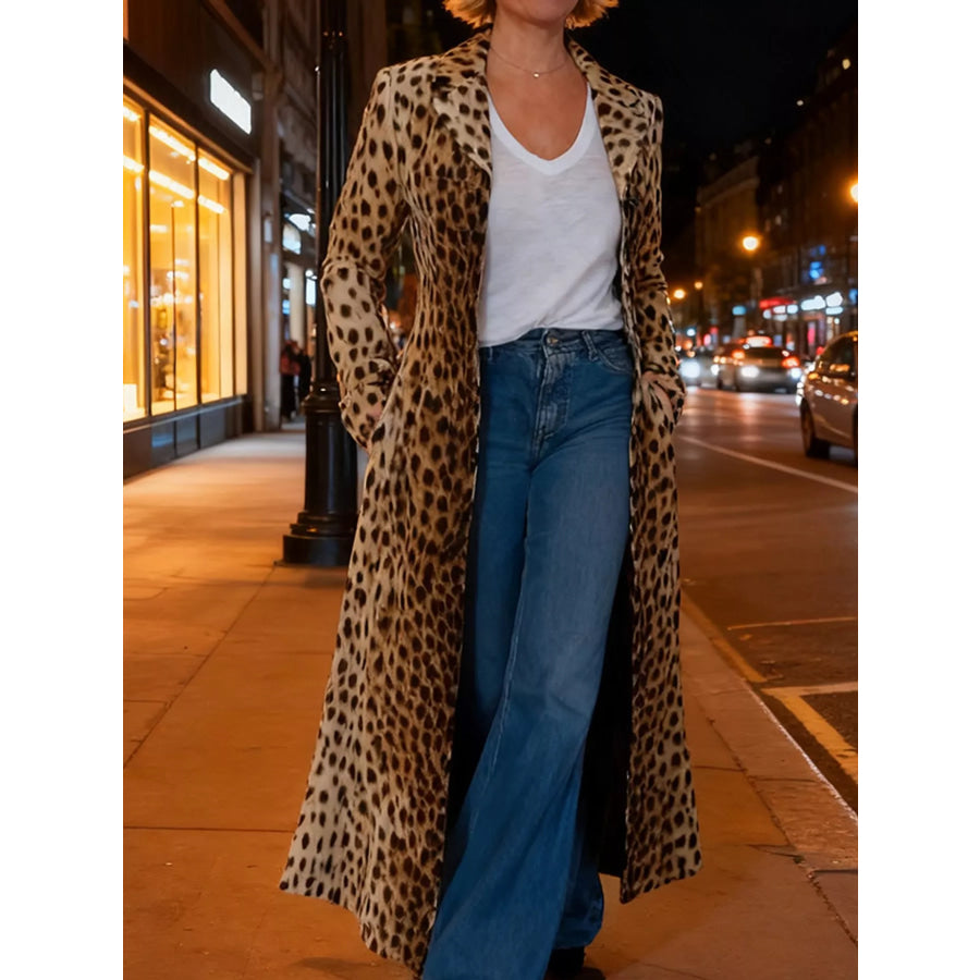 Full Size Leopard Print Longline Trench Coat Plus Apparel and Accessories