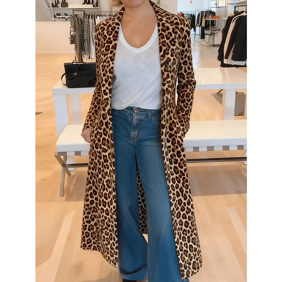 Full Size Leopard Print Longline Trench Coat Plus / S Apparel and Accessories