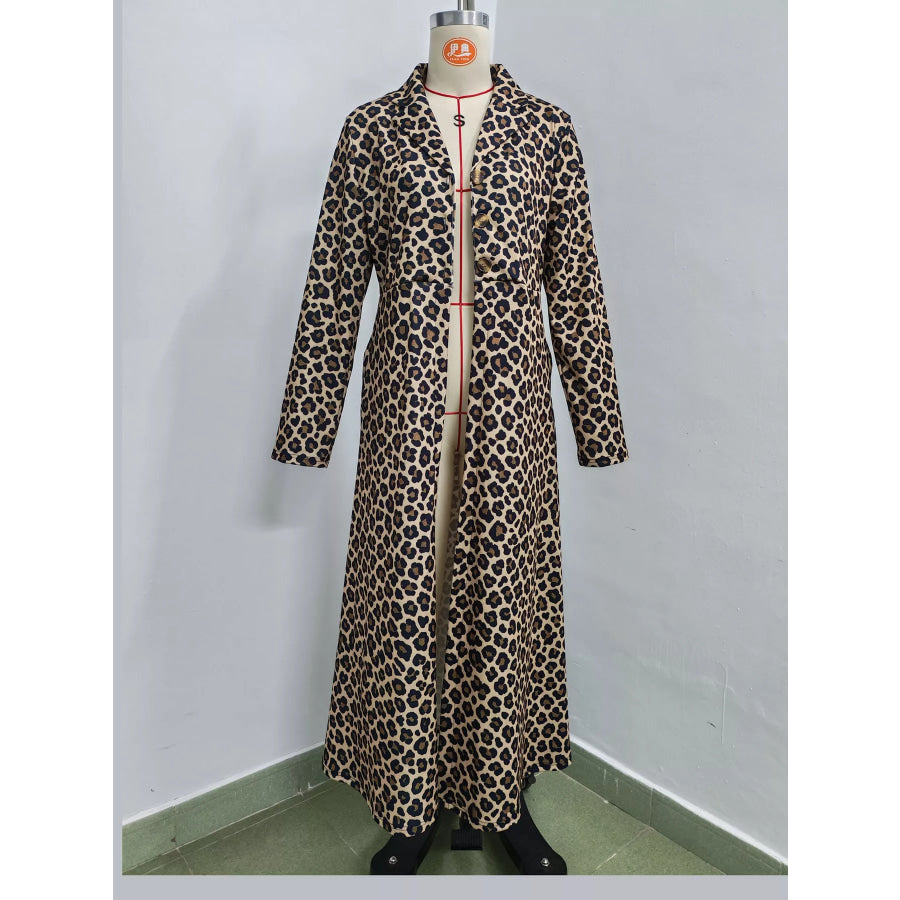 Full Size Leopard Print Longline Trench Coat Plus Apparel and Accessories