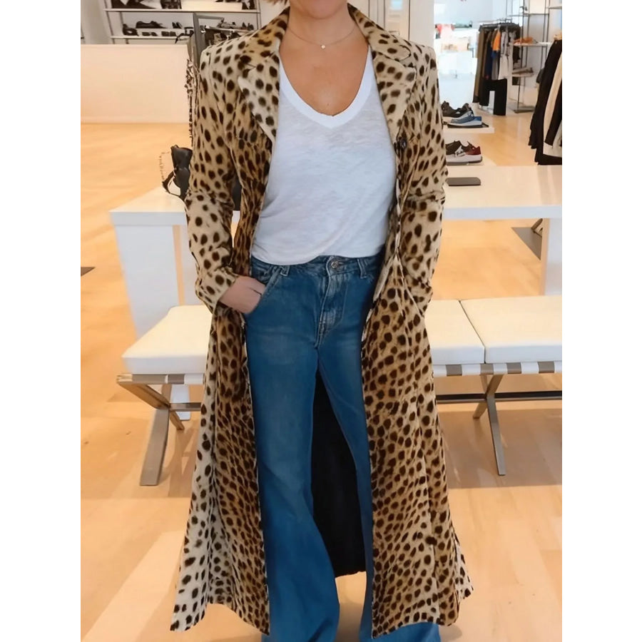 Full Size Leopard Print Longline Trench Coat Plus Apparel and Accessories