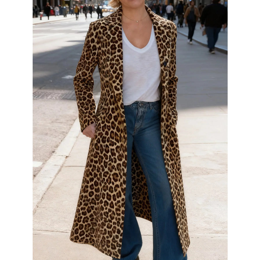 Full Size Leopard Print Longline Trench Coat Plus / S Apparel and Accessories