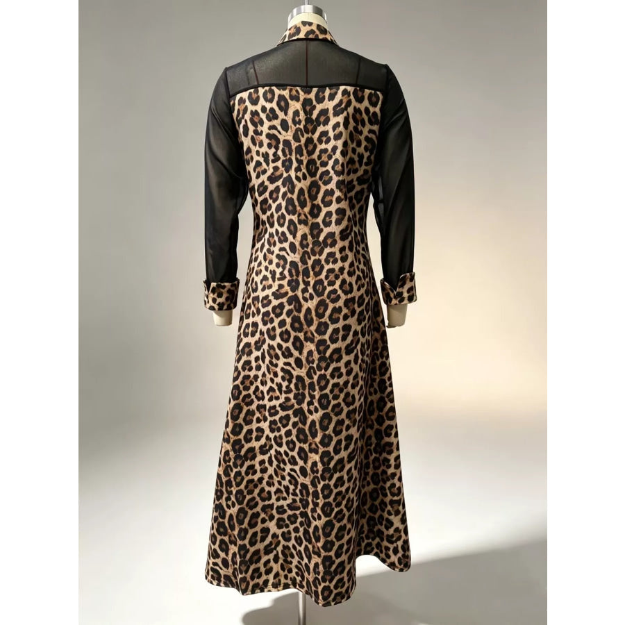 Full Size Leopard Print Sheer Mesh Panel Button-Down Maxi Dress Plus Apparel and Accessories