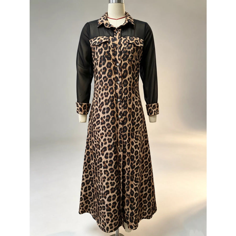 Full Size Leopard Print Sheer Mesh Panel Button-Down Maxi Dress Plus Apparel and Accessories