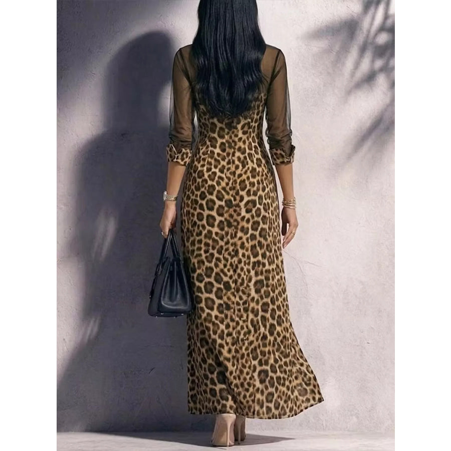 Full Size Leopard Print Sheer Mesh Panel Button-Down Maxi Dress Plus Khaki / S Apparel and Accessories