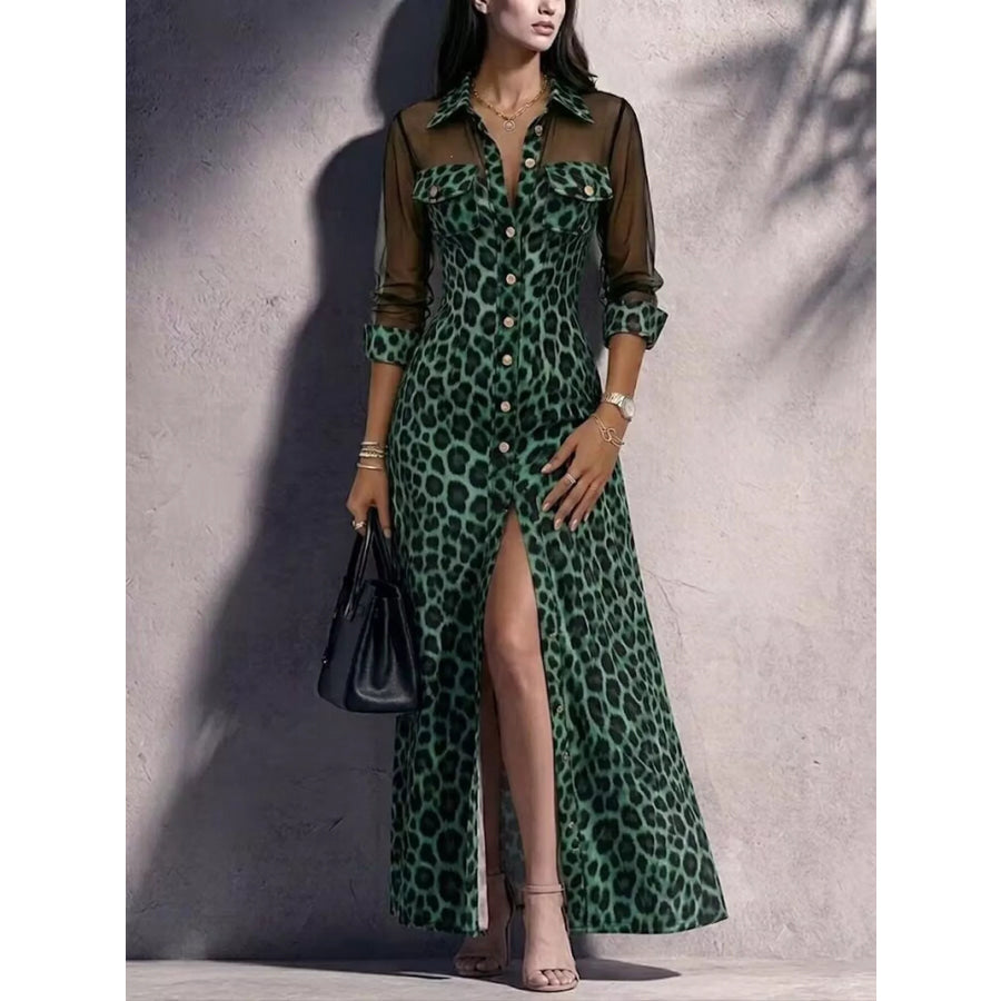 Full Size Leopard Print Sheer Mesh Panel Button-Down Maxi Dress Plus Green / S Apparel and Accessories