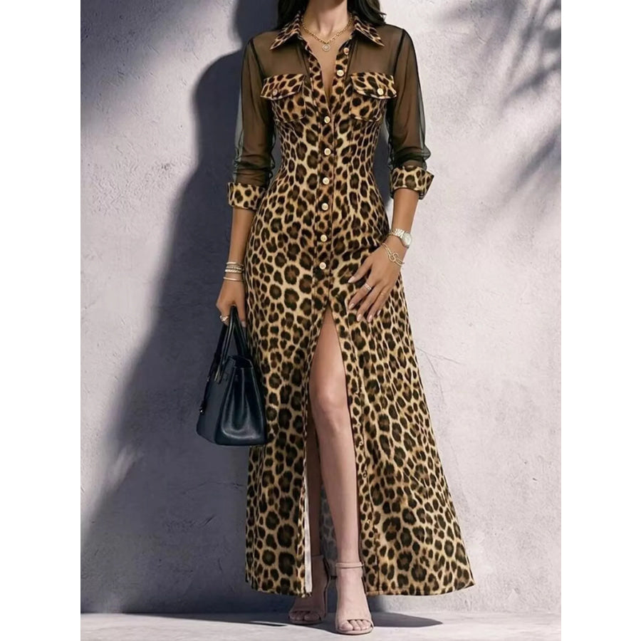 Full Size Leopard Print Sheer Mesh Panel Button-Down Maxi Dress Plus Khaki / S Apparel and Accessories