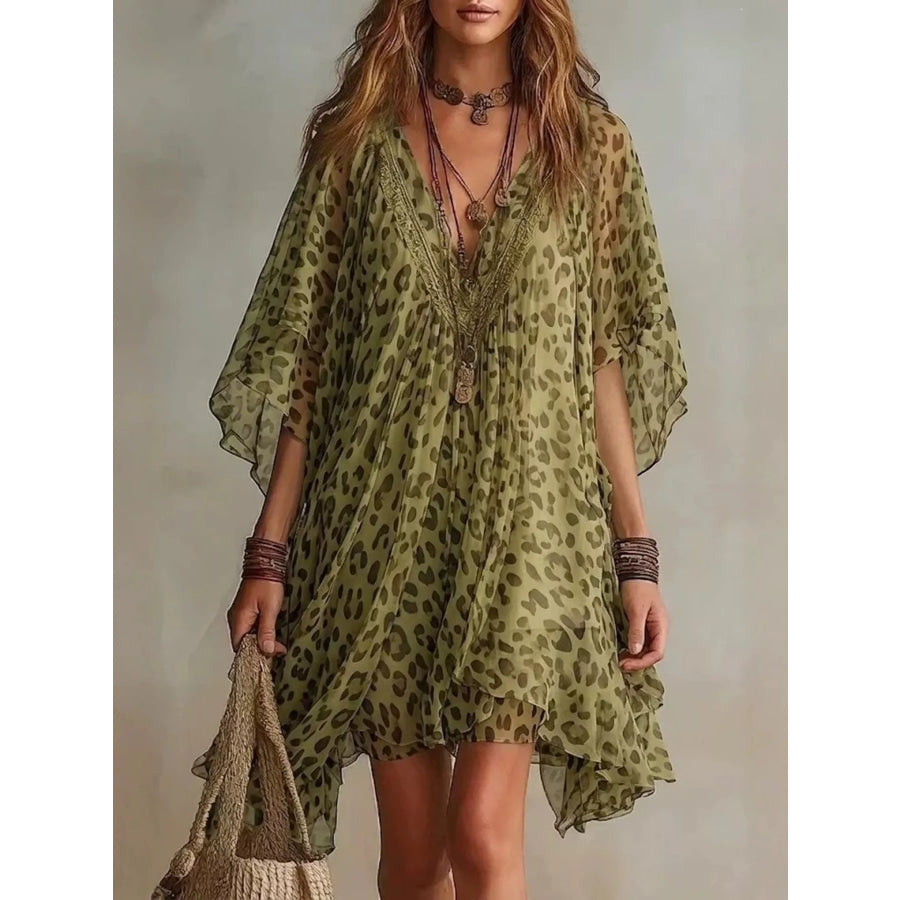 Full Size Leopard Print V-Neck Chiffon Dress Plus Green / S Apparel and Accessories
