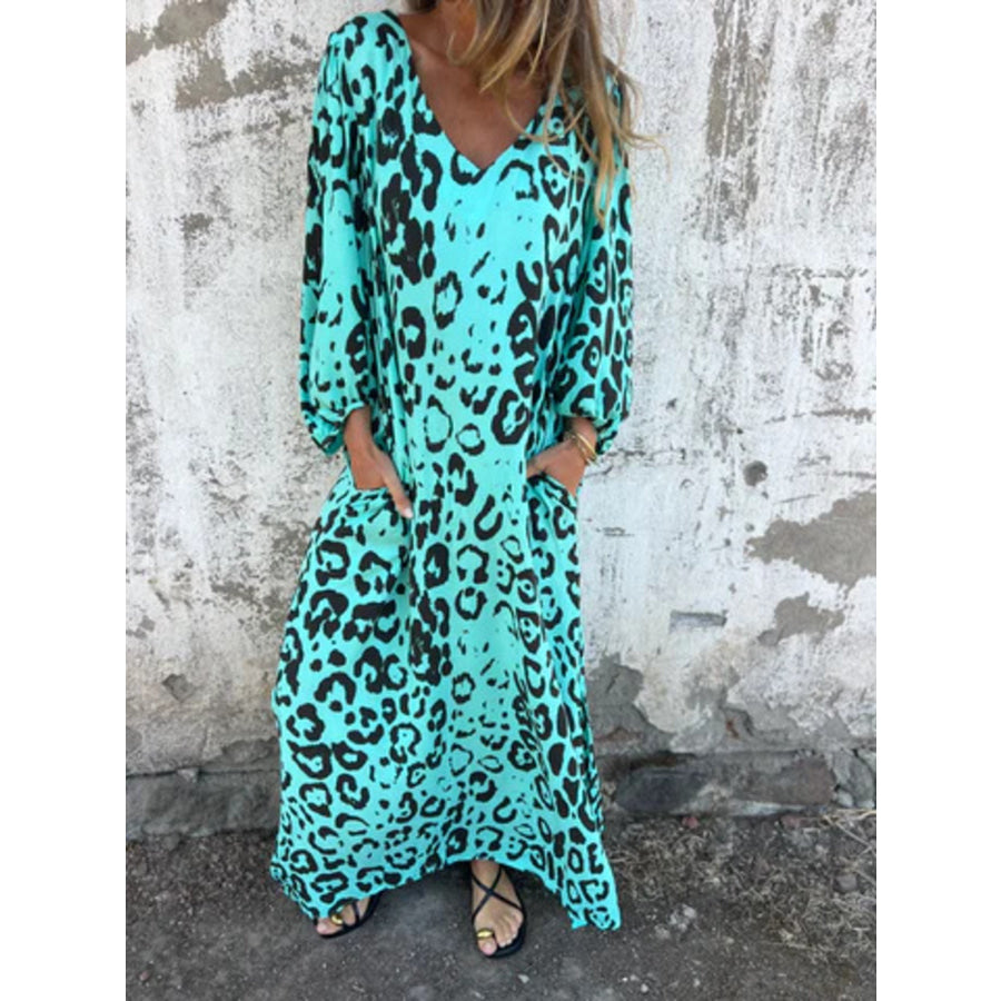 Full Size Leopard Print V-Neck Maxi Dress Plus Size Aqua / S Apparel and Accessories