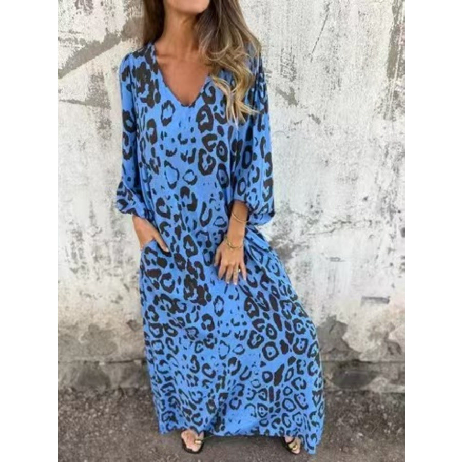 Full Size Leopard Print V-Neck Maxi Dress Plus Size Blue / S Apparel and Accessories