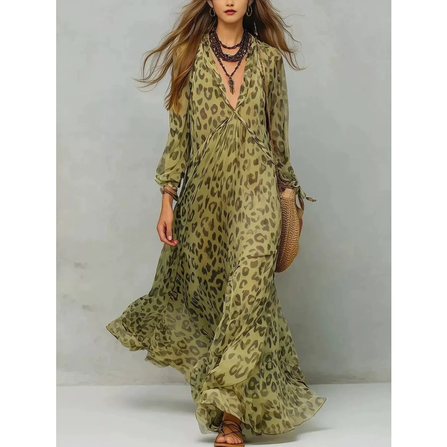 Full Size Leopard Print V-Neck Maxi Dress Plus Olive / S Apparel and Accessories