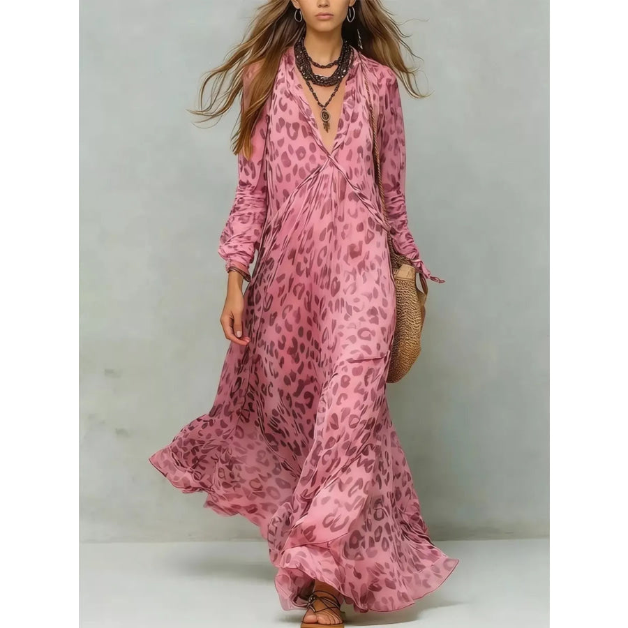Full Size Leopard Print V-Neck Maxi Dress Plus Pink / S Apparel and Accessories