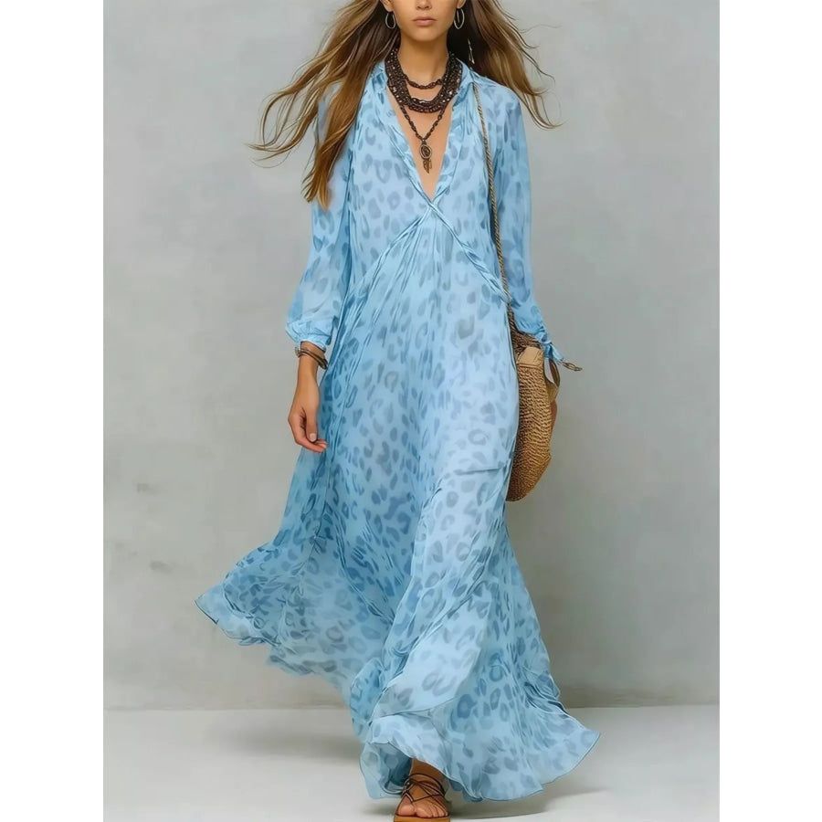 Full Size Leopard Print V-Neck Maxi Dress Plus Sky Blue / S Apparel and Accessories