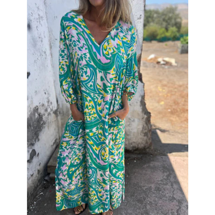 Full Size Leopard Print V-Neck Maxi Dress Plus Size Turquoise / S Apparel and Accessories