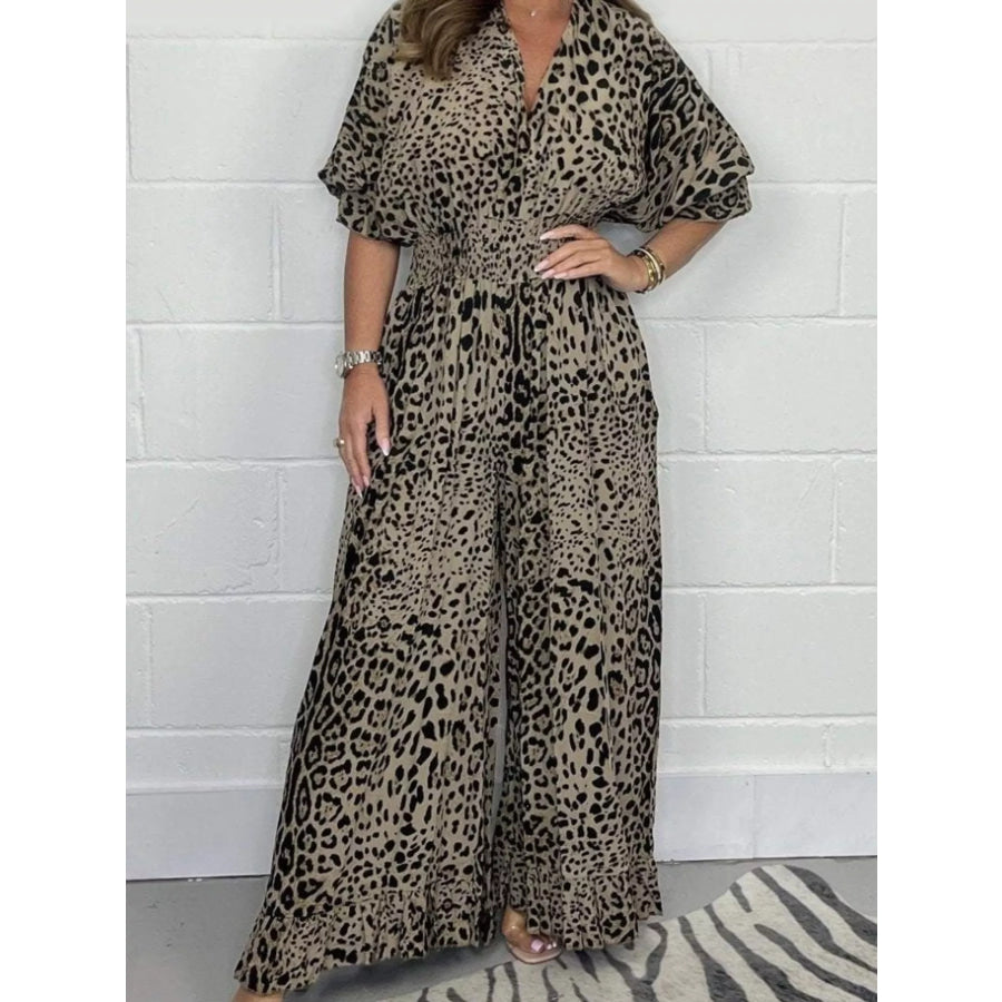 Full Size Leopard Print V-Neck Wide-Leg Jumpsuit Plus Camel / S Apparel and Accessories