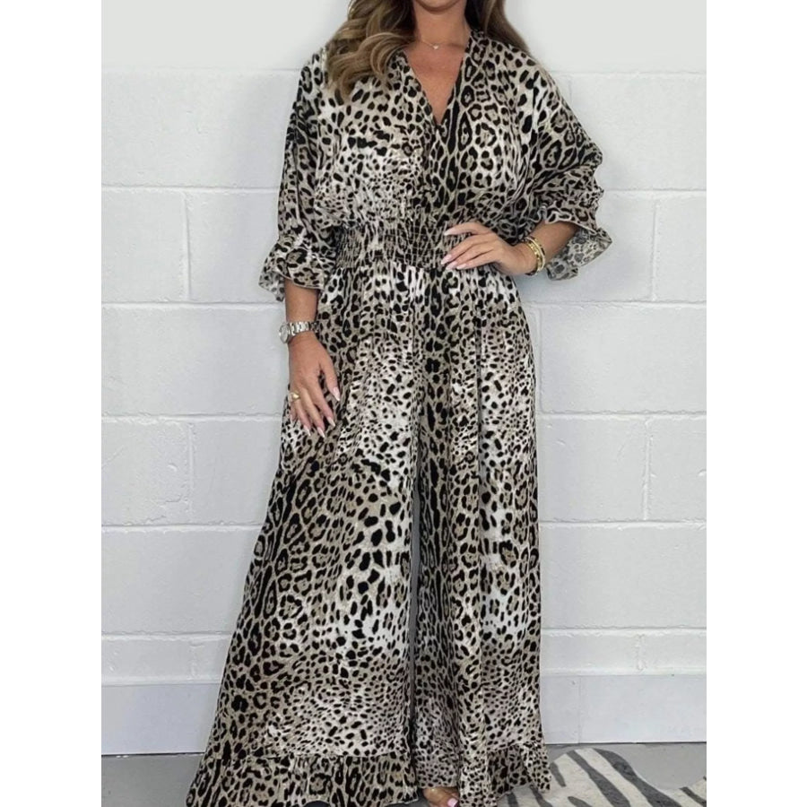 Full Size Leopard Print V-Neck Wide-Leg Jumpsuit Plus Cream / S Apparel and Accessories