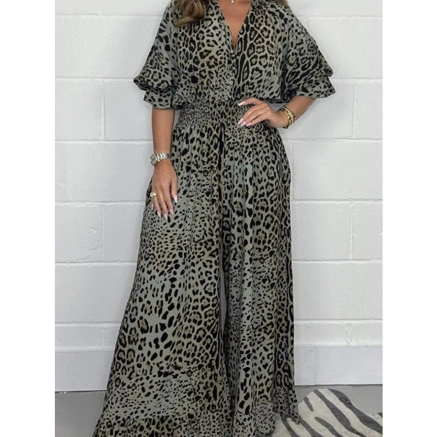 Full Size Leopard Print V-Neck Wide-Leg Jumpsuit Plus Green / S Apparel and Accessories