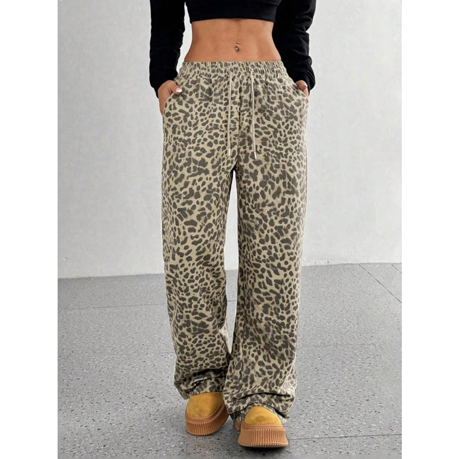 Full Size Leopard Print Wide Leg Pants Plus Size Khaki / S Apparel and Accessories