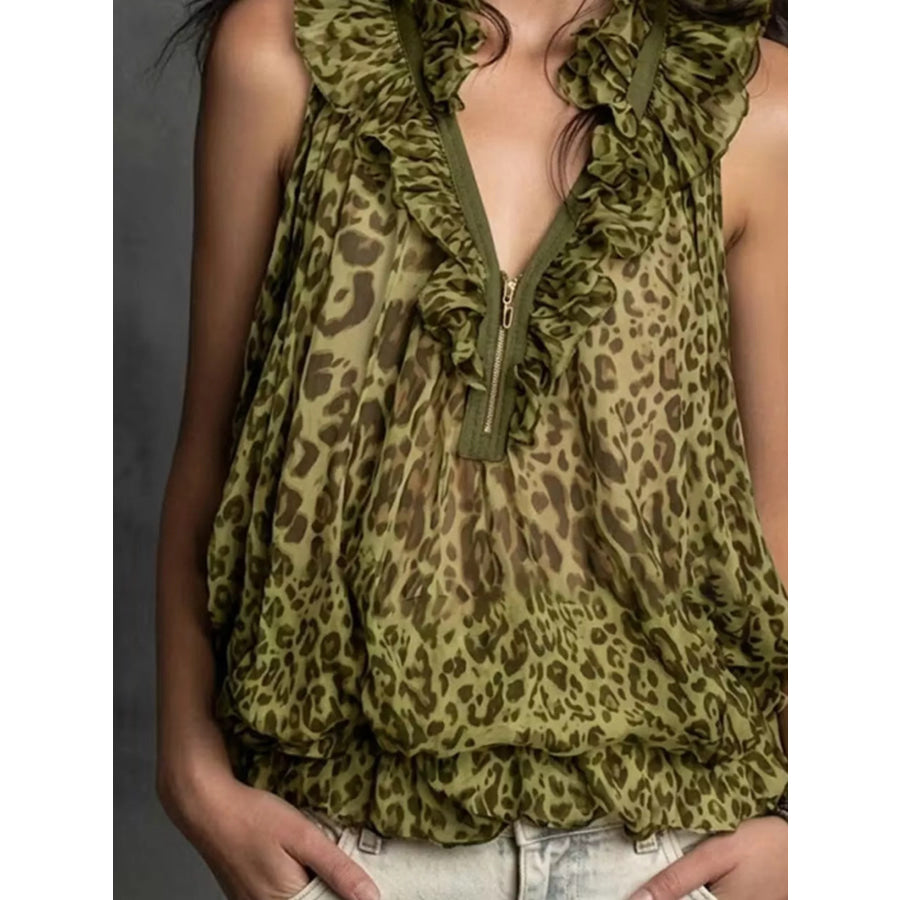 Full Size Leopard Quarter Zip Sleeveless Top Plus Apparel and Accessories